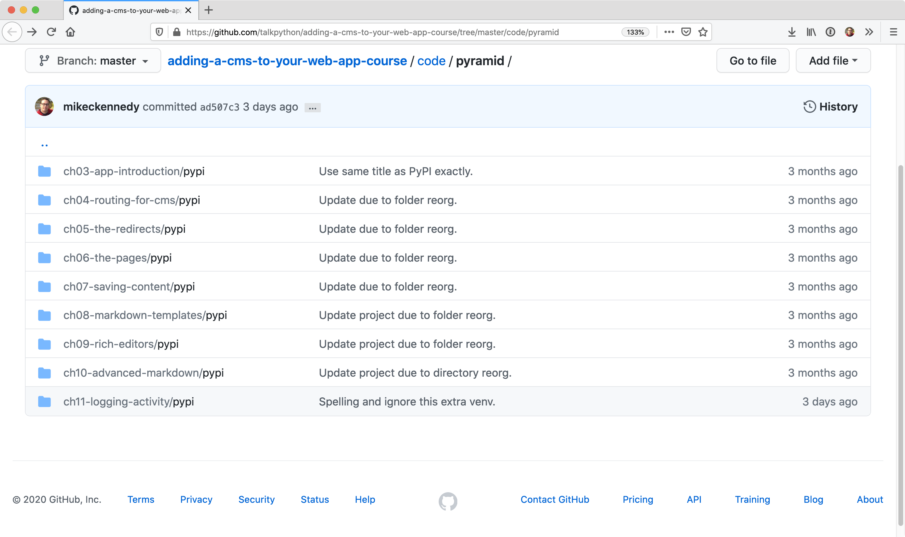 Example: Code snapshotted at each chapter